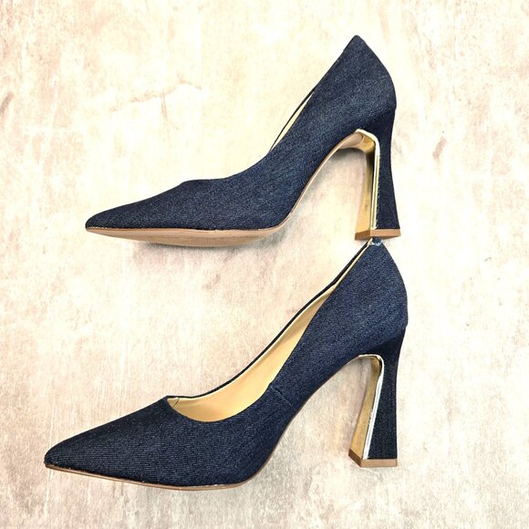 Jessica Simpson Denim Pumps 7.5 Blue Retro Dressy Pointed Toe High Heel Shoes - Picture 6 of 10